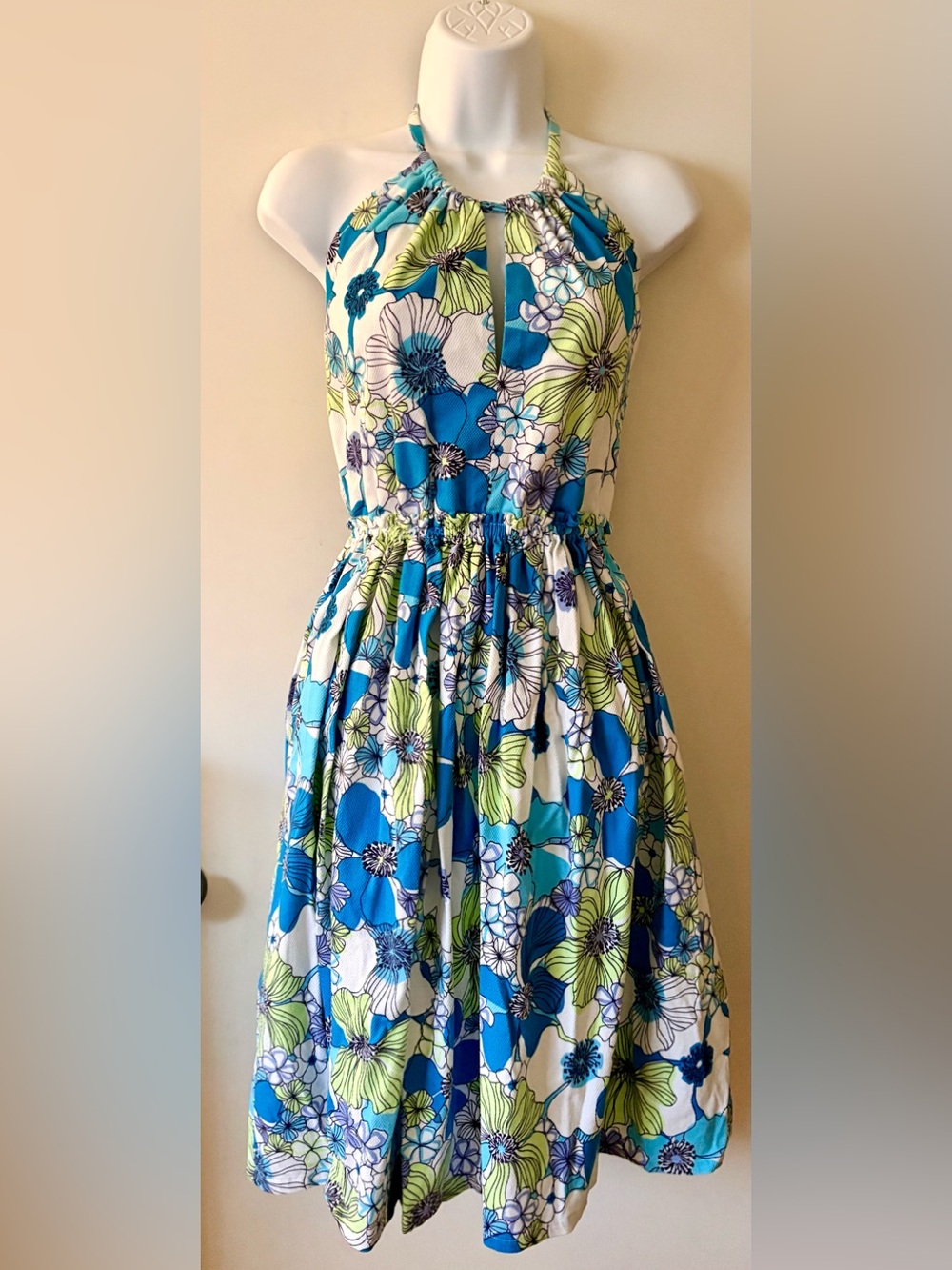 Blue, Green & White Floral Halter Style Sundress